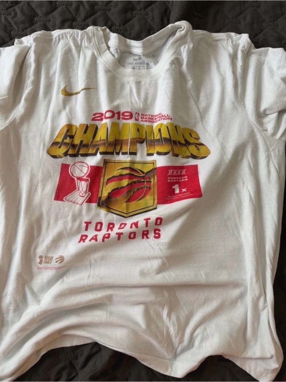 Nike White Toronto Raptors 2019 Champions Graphic Tee with Red and Gold Accents